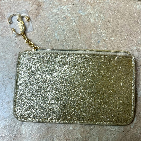Jimmy Choo Gold Glitter Mini Wallet Coin Card ID Pouch Charm Logo - Picture 6 of 12